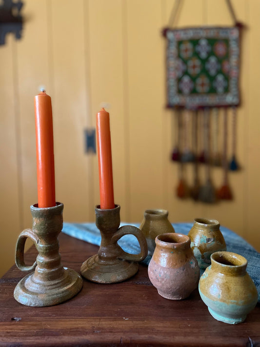 Curated Collection Of Antique French Earthenware Yellow Ochre Glazed Candlestick Holders And Jars, Rustic Primitive French Farmhouse Decor