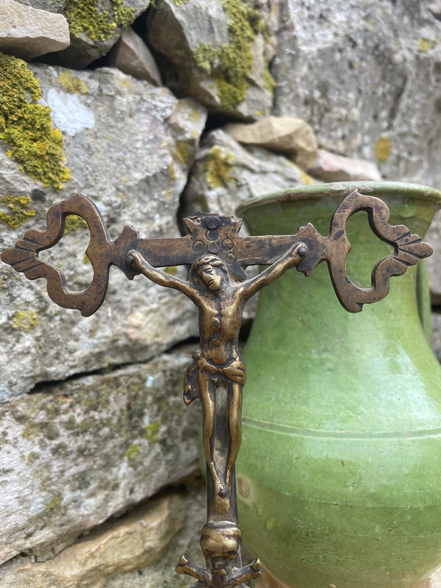 17th Century French Table Brass Crucifix, Antique French Altar Crucifix, Folk Religious Art, French Crucifix, Rustic Religious Decor