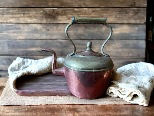 Antique French Copper Brass Kettle, Authentic French Copper Provincial Rustic Kitchen Farmhouse Decor