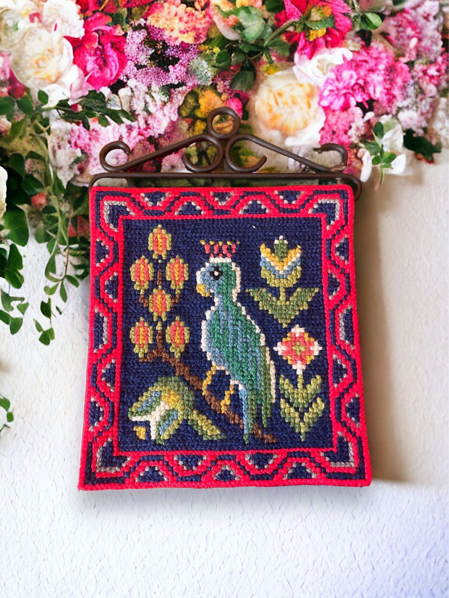 Red Embroidered Needlepoint Scandinavian Decorative Bird Tapestry, Bird Wall Hanging Swedish Folk Art Embroidery, Farmhouse Decor