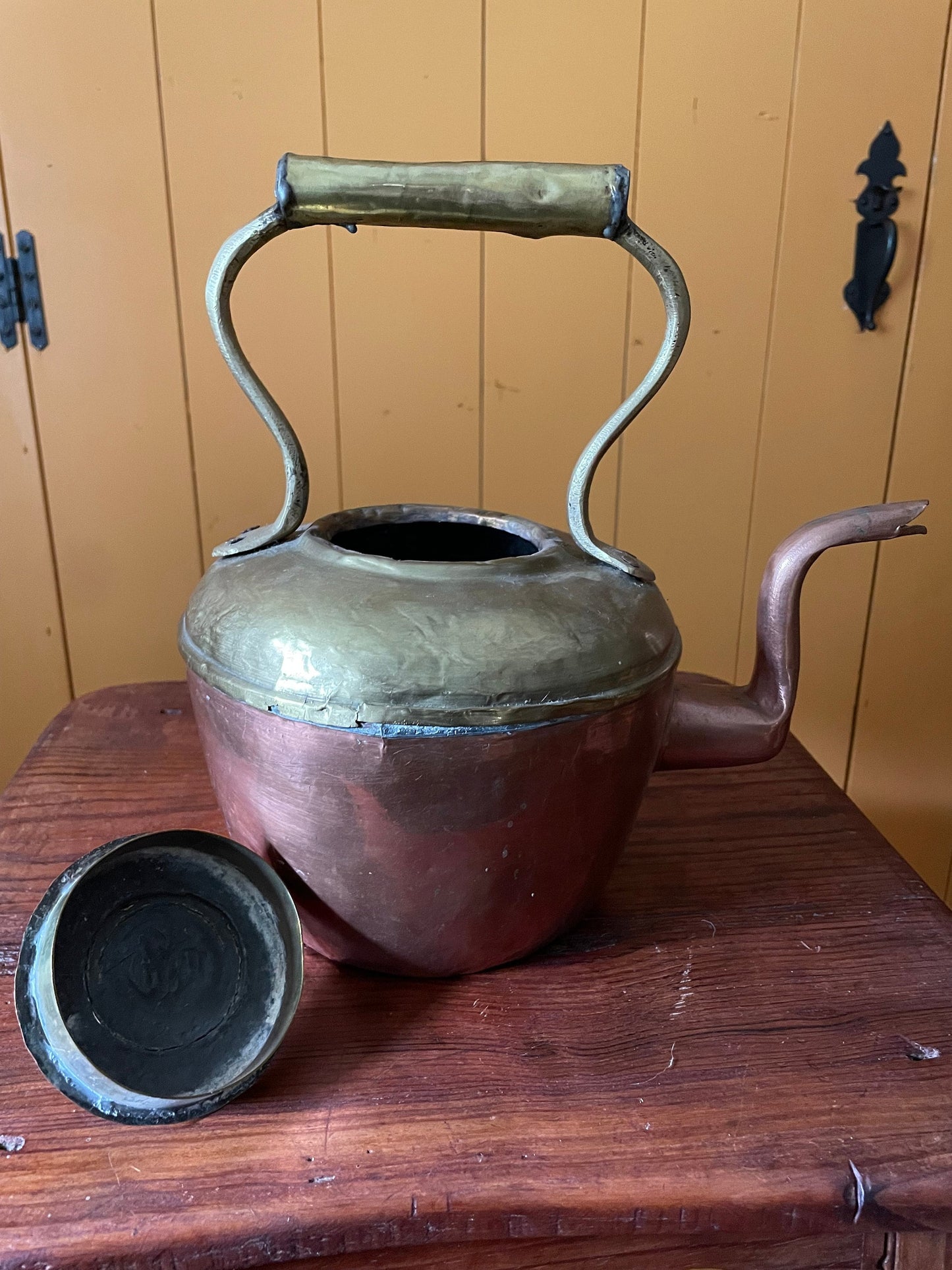 Antique French Copper Brass Kettle, Authentic French Copper Provincial Rustic Kitchen Farmhouse Decor